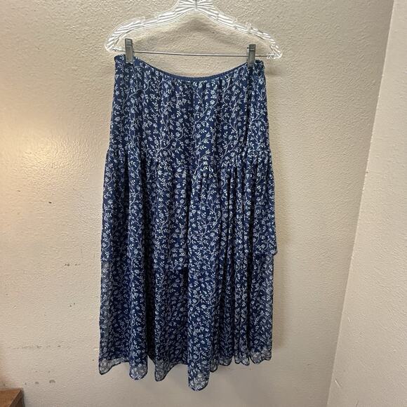 Lauren Ralph Lauren Blue Floral Peasant Maxi Skirt Tiered Cottagecore Chiffon PL - Picture 1 of 6